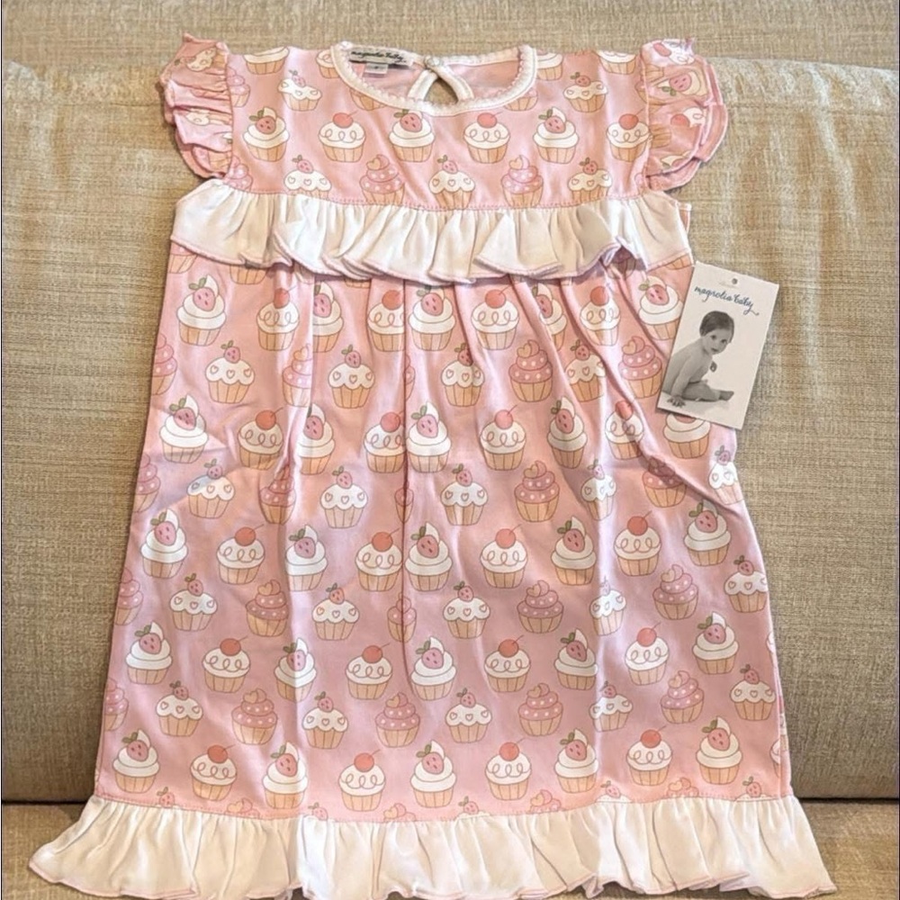 Magnolia Baby Pink Cupcake-Print Dress with White Ruffle Trim